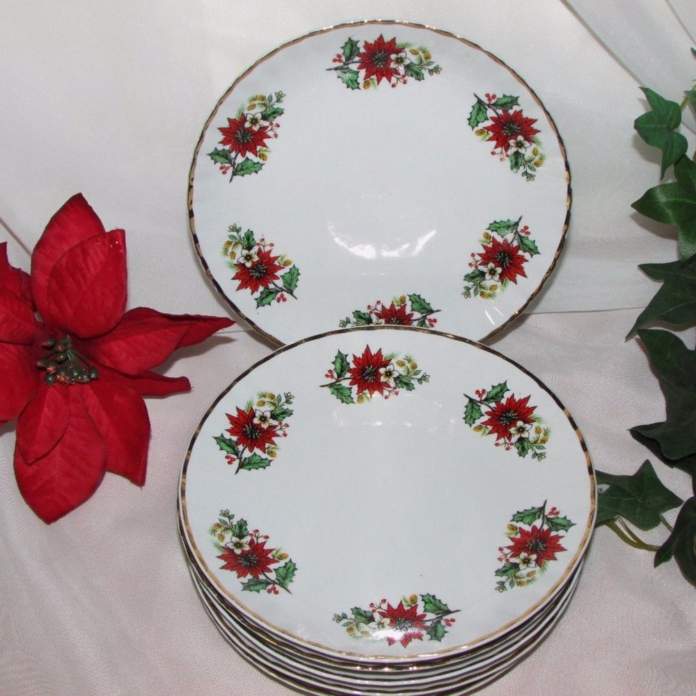 6 Christmas Cake Dessert Plates Crown Imperial Fine China Romania Poinsettia